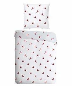 Landherzl Hirsch/80/80+155/220/weiß-rot Bettwäsche, 155x200 cm, Baumwolle, Weiß-rot gemustert