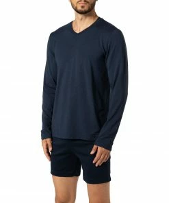 HANRO SLV Shirt V-Neck Casuals 07 5036/1610 Longsleeve, Baumwolle, Navy meliert, Deep navy